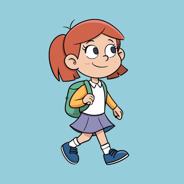 School girl with a backpack goes to school hand drawn mascot cartoon character sticker icon concept