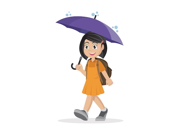 Школьная девочка с зонтиком под дождем.