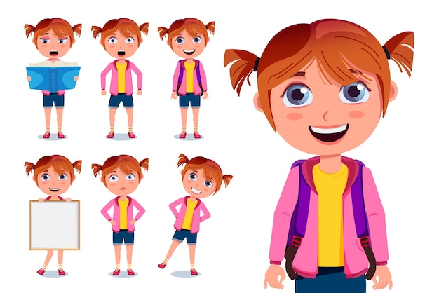 Vector school girls vector character set student female characters in holding reading and standing pose