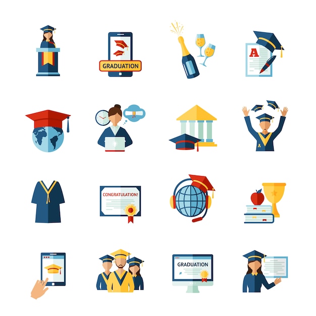 School graduation flat icons set