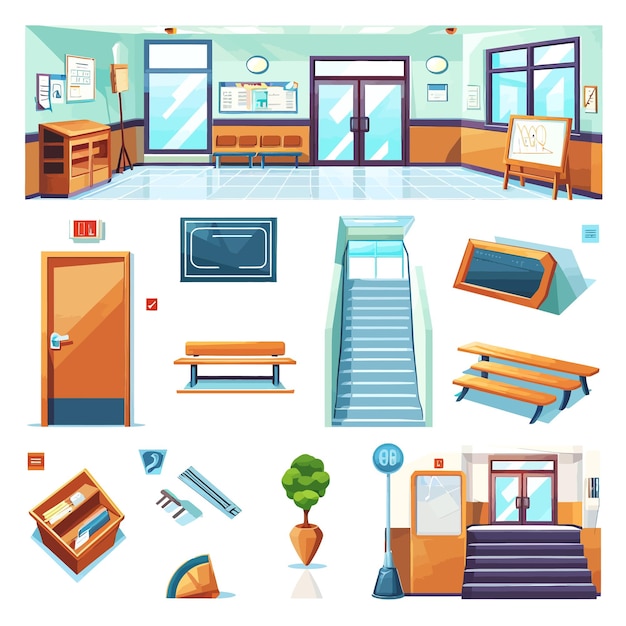 Vector school_hall_interior_elements_set