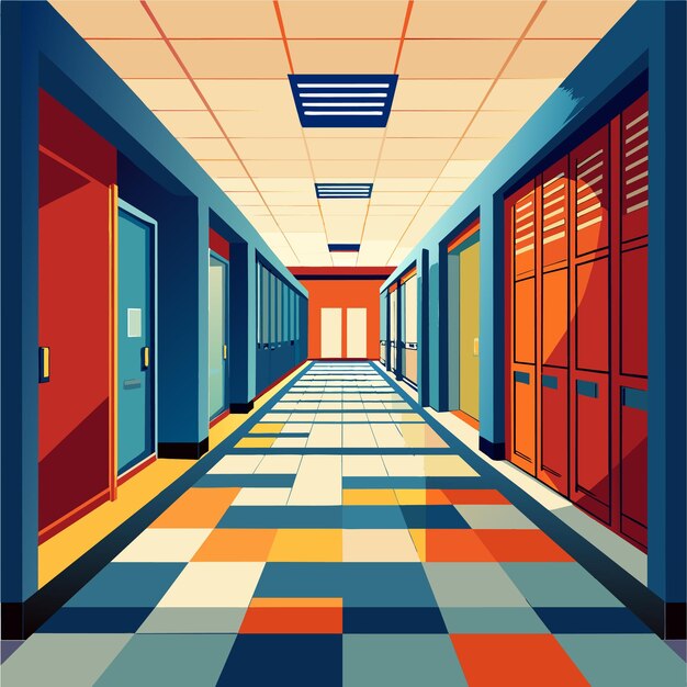 Vector school hallway interior with doors and lockers vector illustration