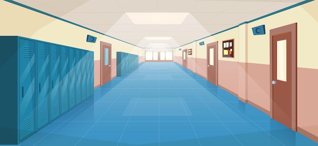 Интерьер школьного коридора с входными дверями, шкафчиками и доской объявлений на стене. пустой коридор в колледже, университете с закрытыми дверями кабинетов. Векторная иллюстрация в плоском стиле