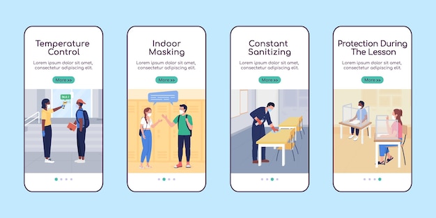 School heropening onboarding mobiele app scherm platte vector sjabloon. Walkthrough website 4 stappen met karakters. Veilig onderwijs. Creatieve UX, UI, GUI smartphone cartoon interface, case prints set