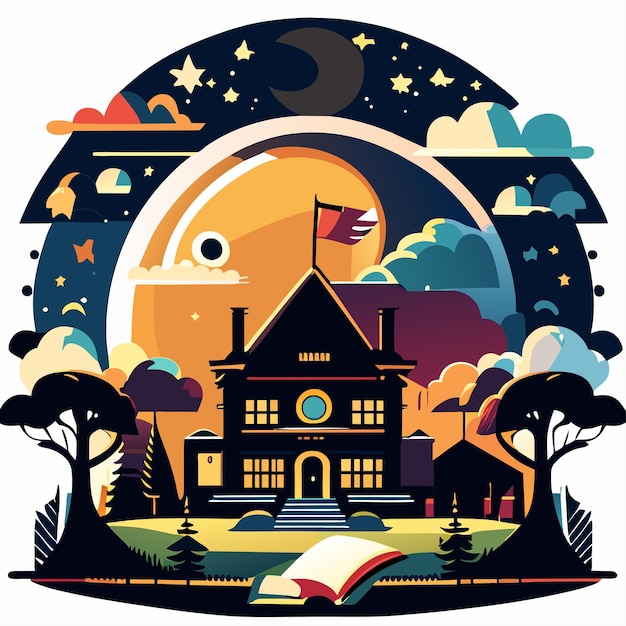 Vector school house home tree night illustration vector graphic