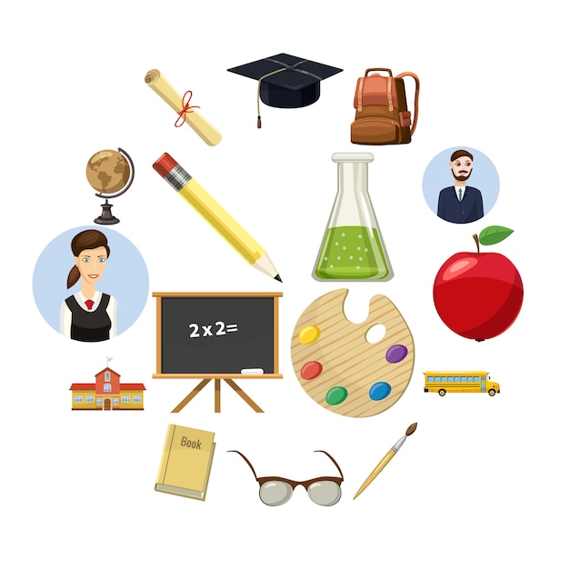 School icons set, cartoon style