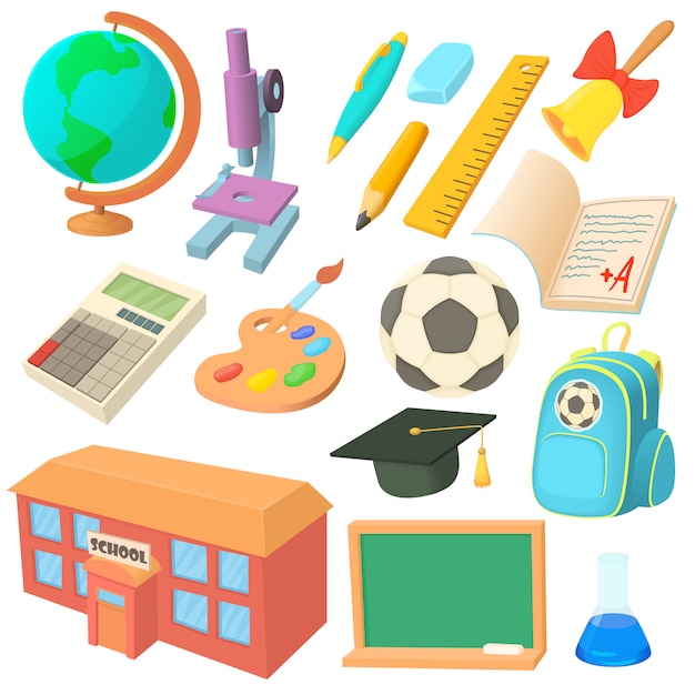 Vector school icons set in cartoon style