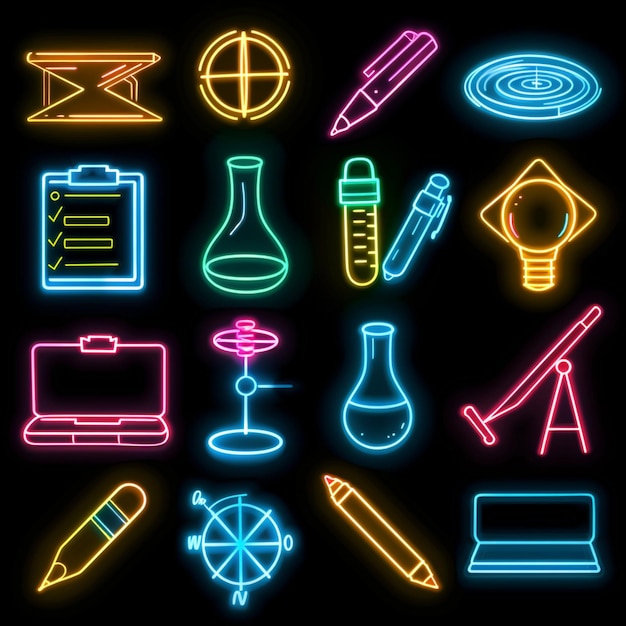 School icons set in neon style Education set collection cartoon style VECTOR