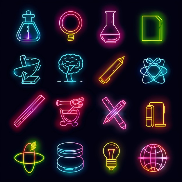 Vector school icons set in neon style education set collection cartoon style vector