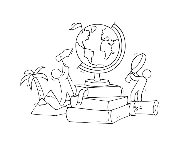 School illustration with globe books and little people