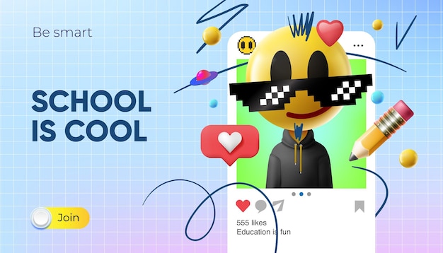 Школа это круто снова в школу веб-баннер и мобильное приложение с смайликами улыбающееся лицо в солнцезащитных очках