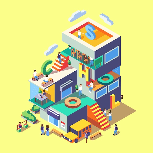 School isometric building study education students vector illustration