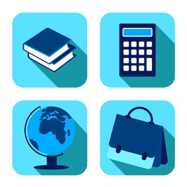 School items Backpack globe calculator books September 1 beginning of school year Set of square vector icons on white background