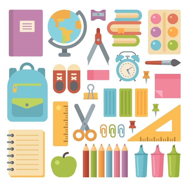 school items flat icon set
