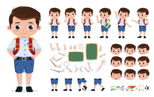 School jongen karakter creatie kit vector set Terug naar school voorschoolse student bewerkbaar