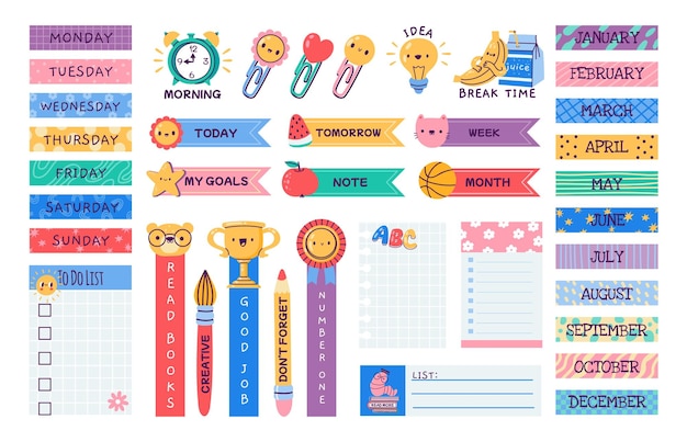 School journal stickers Cartoon planner label memo tags cute diary schedule organizer badge bundle notebook page sticky borders Vector isolated set