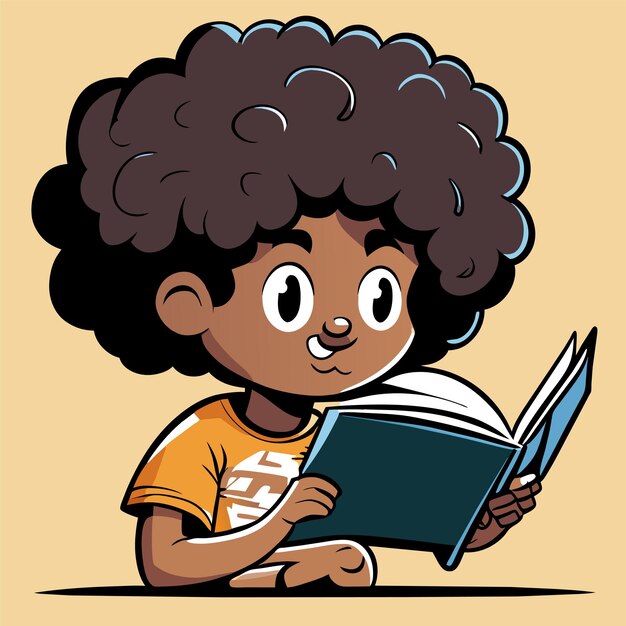 School kid boy reading a book hand drawn flat stylish cartoon sticker icon concept isolated