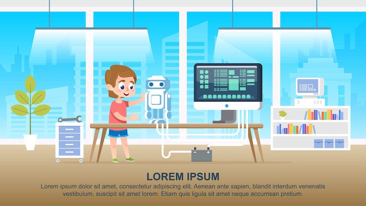 Vector school kid character creating a robot at classroom