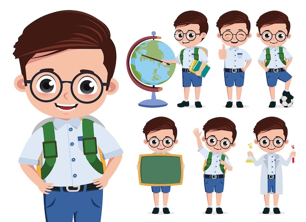 School kid student vector character set Back to school cute boy student characters