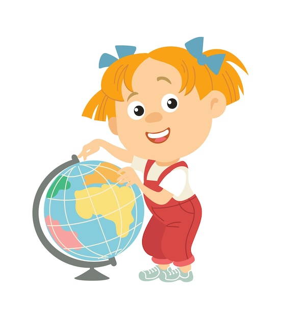 학교 아이들. 학교로 돌아가서 행복한 소녀는 지구본, 지리 수업, 학생 교육 용품을 가진 어린 학생, 재미있는 캐릭터, 여행 개념, 벡터 만화 삽화를 들고 있습니다.