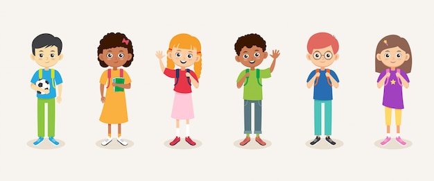 Vector school kids. children boys and girls with backpacks set. smiling multiracial pupils