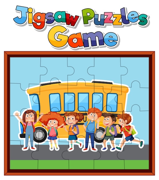 Vector school kids photo jigsaw puzzle game template