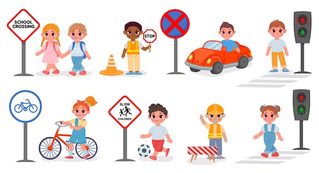 Vector school kids street safety, signs and crosswalk rules. traffic light go and stop signal. kid bike and car. cartoon road education vector set