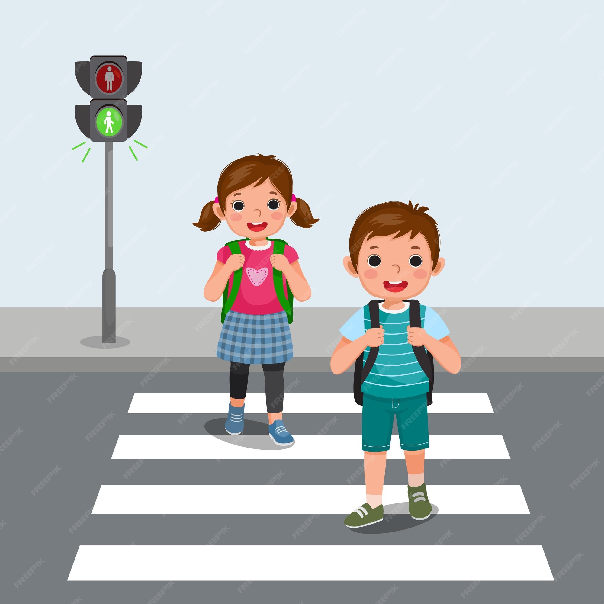 Premium Vector  School kids with backpack walking crossing road