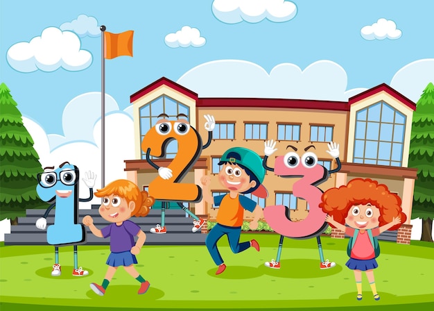 Vector school kids with math theme outdoor background