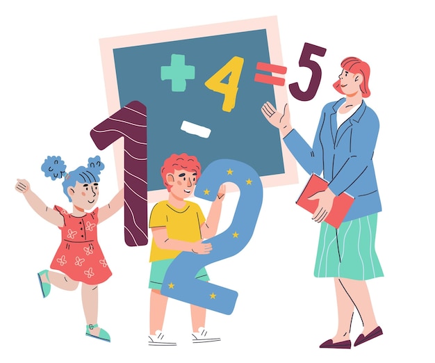 School or kindergarten math lesson with children and teacher studying numbers