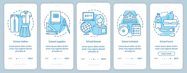 Modello vettoriale dello schermo della pagina dell'app mobile per l'apprendimento scolastico. acquisizione di conoscenze, procedura dettagliata del sito web per l'istruzione con illustrazioni lineari. concetto di interfaccia per smartphone ux, ui, gui