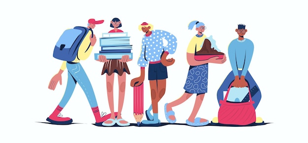 School leerconcept in cartoon webdesign Mensen die samen in de klas studeren Tienerjongens en -meisjes met boeken schoolzakken en huiswerk Vlakke vectorillustratie geïsoleerd op witte achtergrond