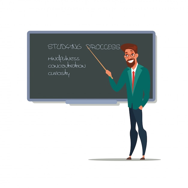 Vector school lesson cartoon color illustration, male teacher standing with pointer near blackboard, tutor, educator  character, elementary school education