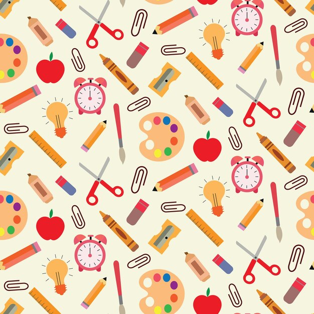 School levert naadloos patroon met klokalarm, kleurenpalet, krijt, potlood en appel