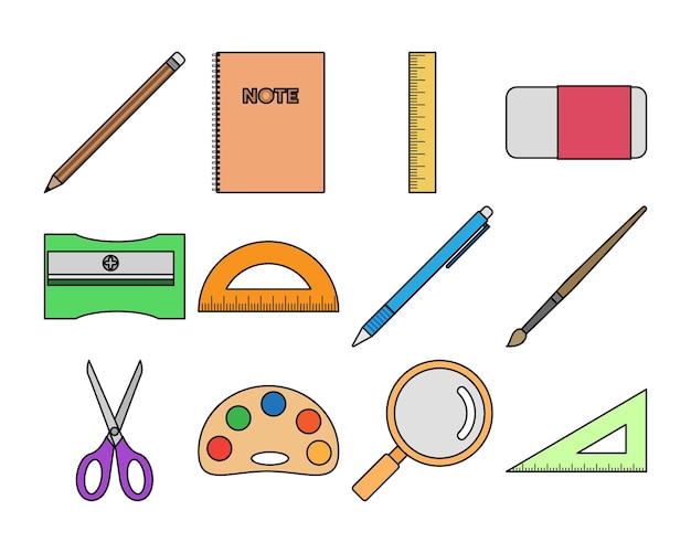 School levert vector illustratie set terug naar school potlood boek liniaal Flat design schets