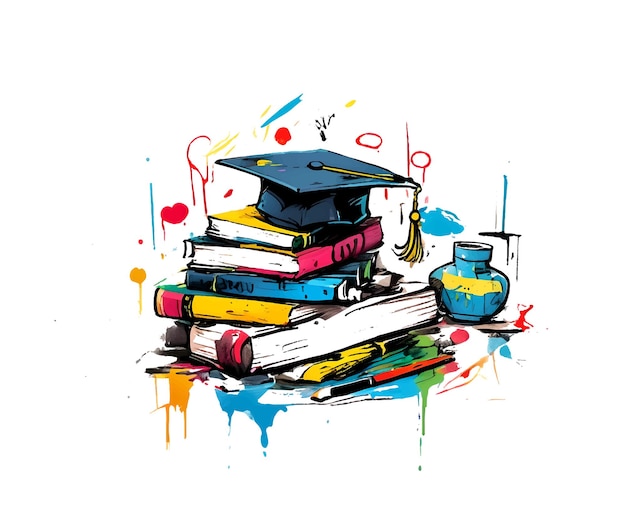 Vector school library graduation cap with books grunge vector education online concept