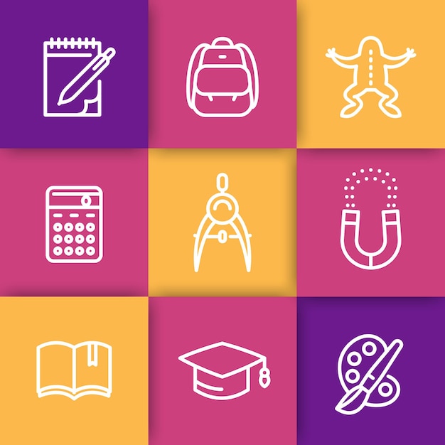 School line icons set, education, college, study