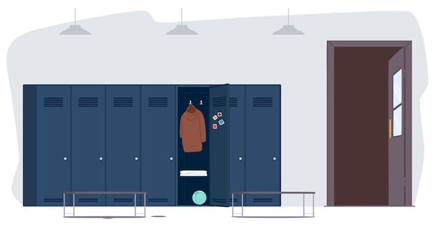 Vector school locker room interior with lockers benches and open door place for kids changing clothes and keeping stuff