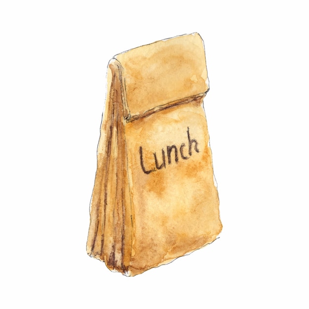School lunch in craft paper package sketch style hand drawn illustration with watercolor and pen