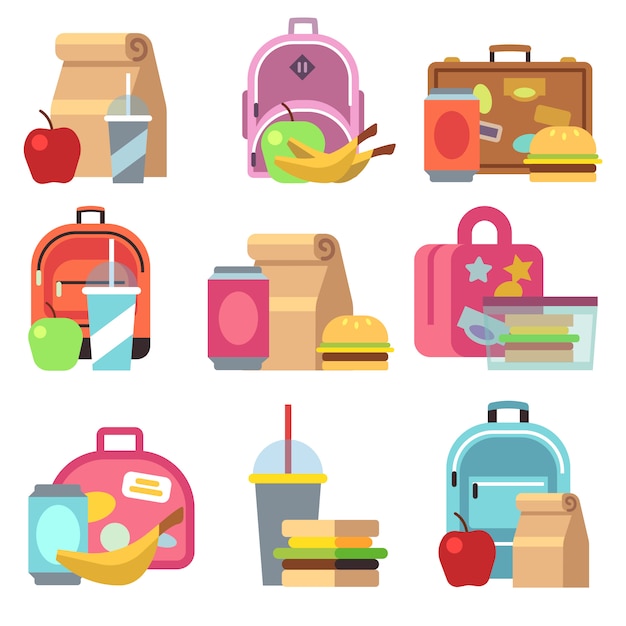 Вектор Школьные обеденные ящики для еды и детские сумки плоские значки. обеденная коробка для обеда, сэндвич с завтраком