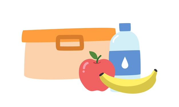 School lunchbox with water bottle apple banana flat vector illustration cartoon style clipart