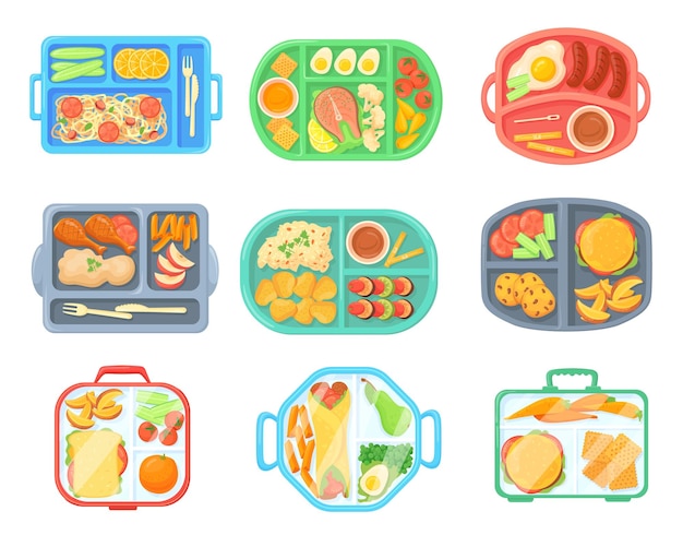 Vector school meal trays lunch tray with food cafeteria menu kid eat breakfast or dinner on convenience lunchbox top view healthy students meals from canteen neat vector illustration