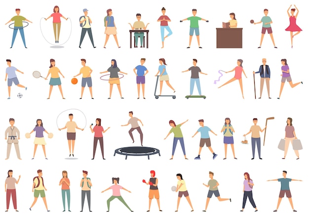 School movement activities icons set cartoon vector Basketball acitivty