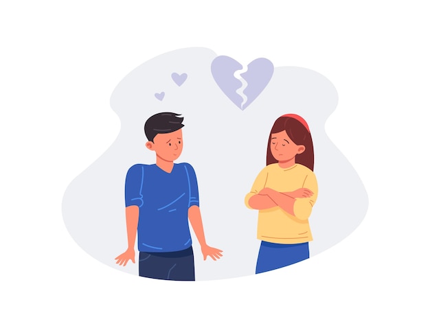 school not mutual love. girl and boy with broken heart, vector isolated on white background