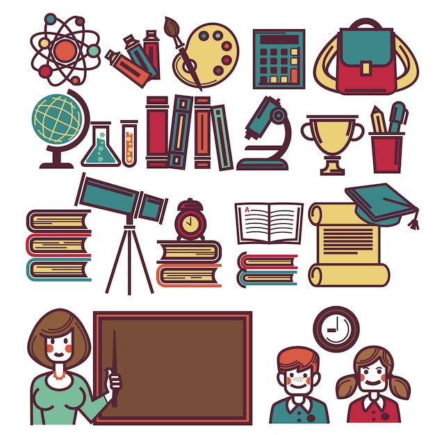 School objects poster with teacher and children