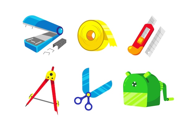 School objects set and education items cutter tape pencil sharpener compasses scissor and stapler