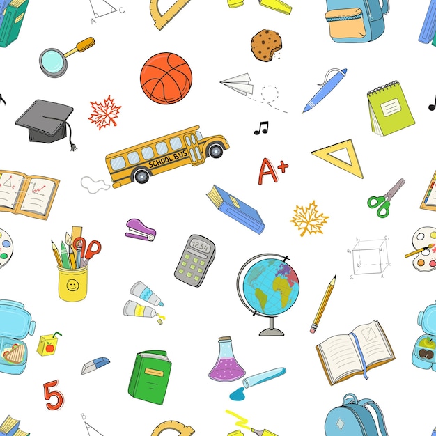 School objects and supplies seamless pattern Back to school hand drawn elements