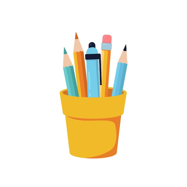 白い背景の上のペンと鉛筆のための学校またはオフィスカップ漫画フラット文房具ベクトルイラスト