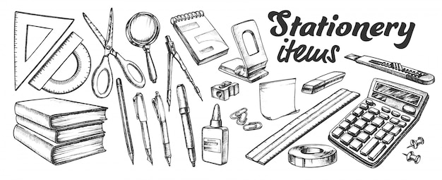Vector school and office stationery items ink set