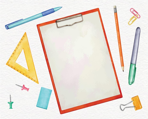 School and Office stationery paper clipboard pen pencil ruler clips watercolor vector set